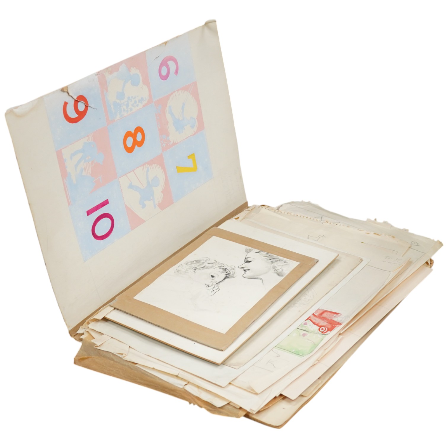 Eileen Brooks (20th. C), folio of works to include ink, pencil and watercolour sketches, Humorous children and figures, unframed